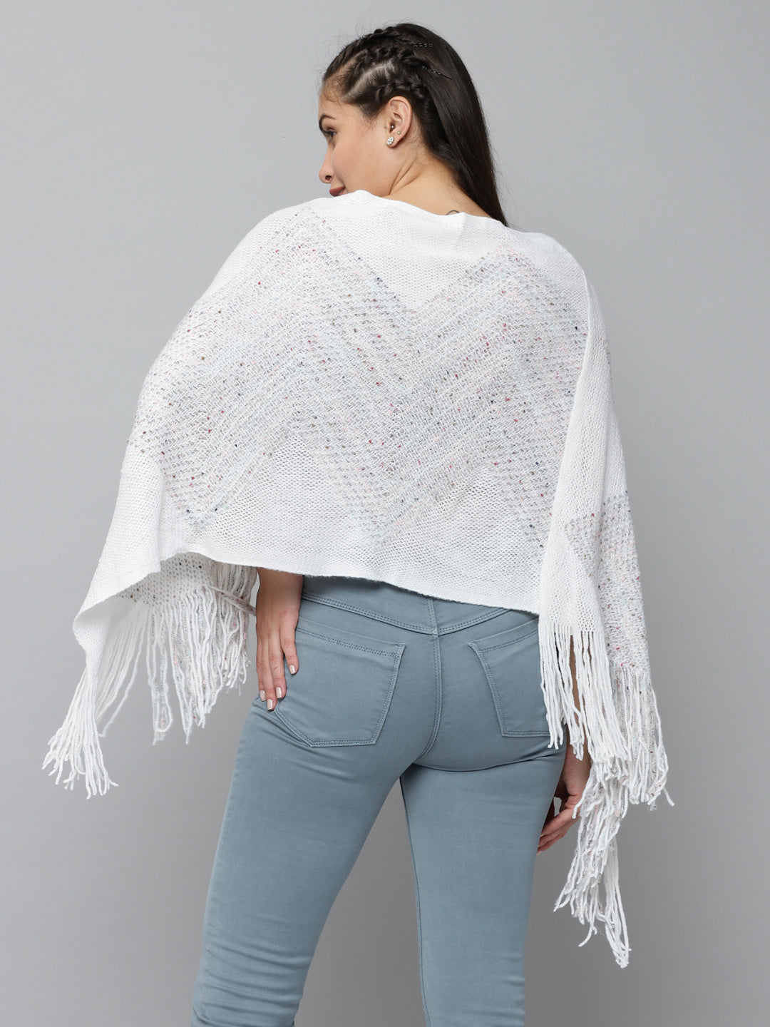 Women's White Solid Poncho Sweater