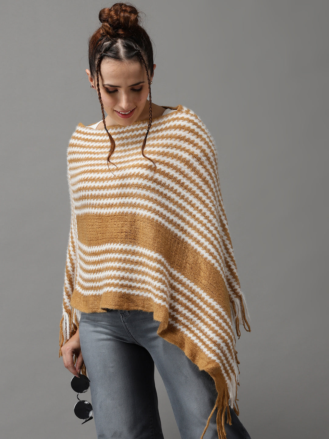 Women's Camel Brown Striped Poncho Sweater