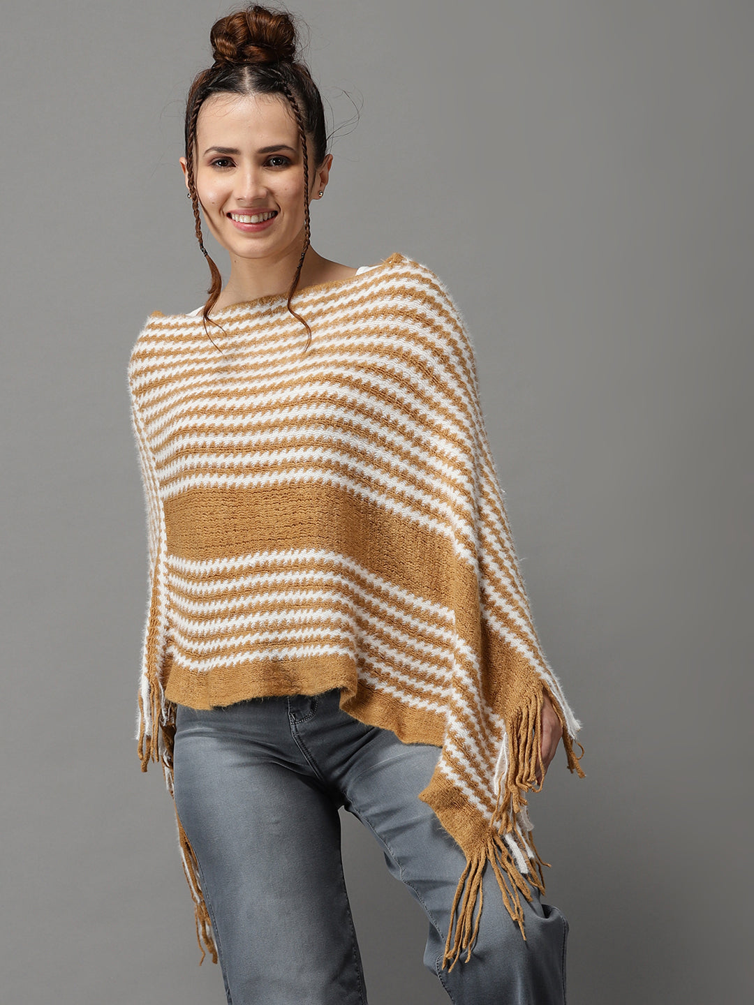 Women's Camel Brown Striped Poncho Sweater
