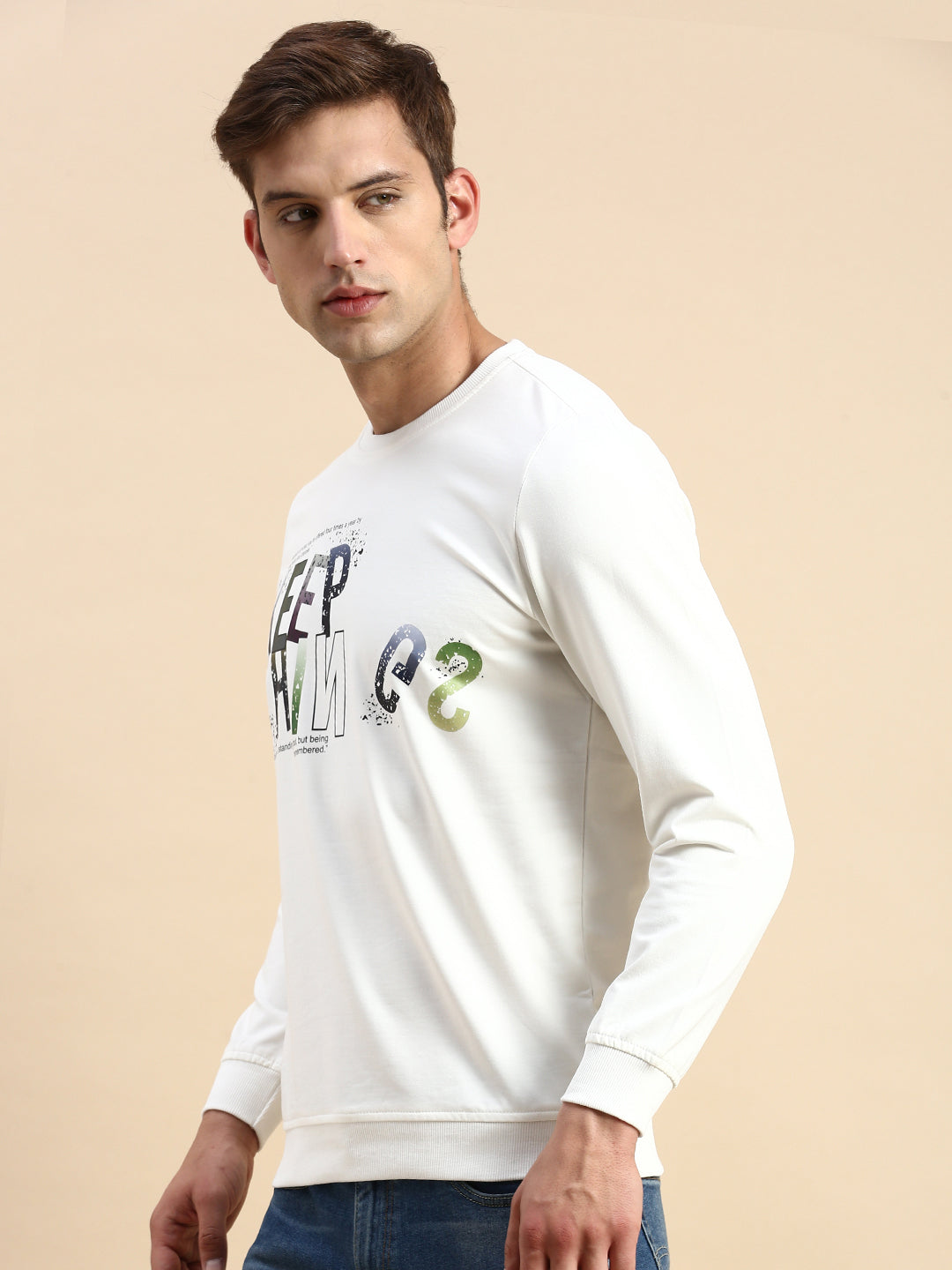 Men White Printed Casual Sweatshirt
