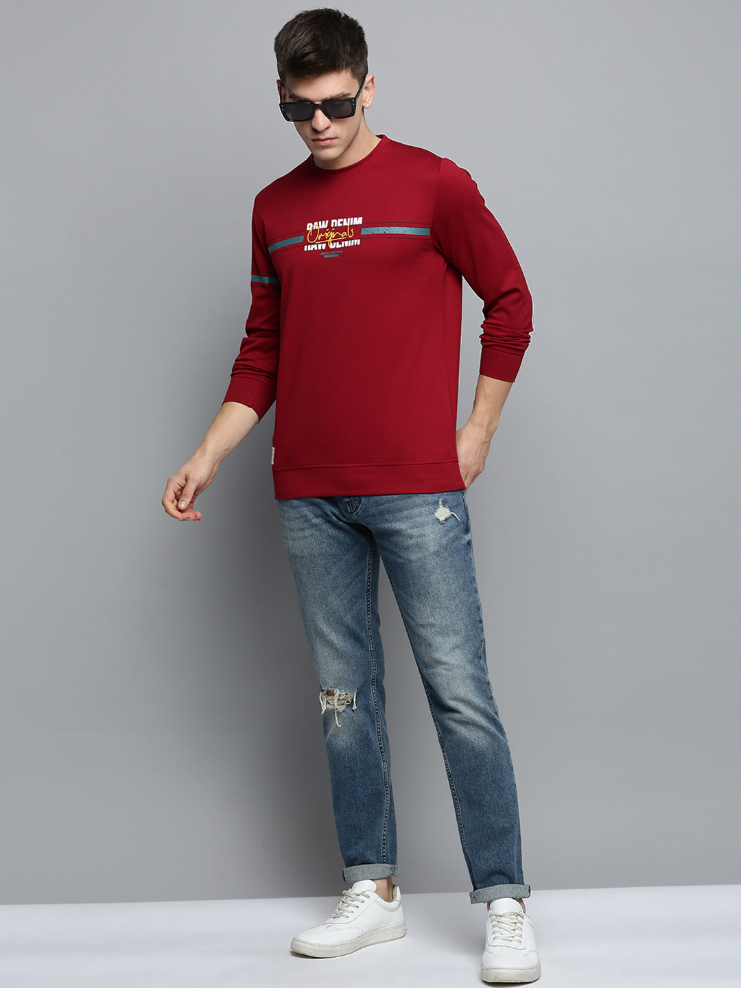 Men Maroon Printed Casual Sweatshirt