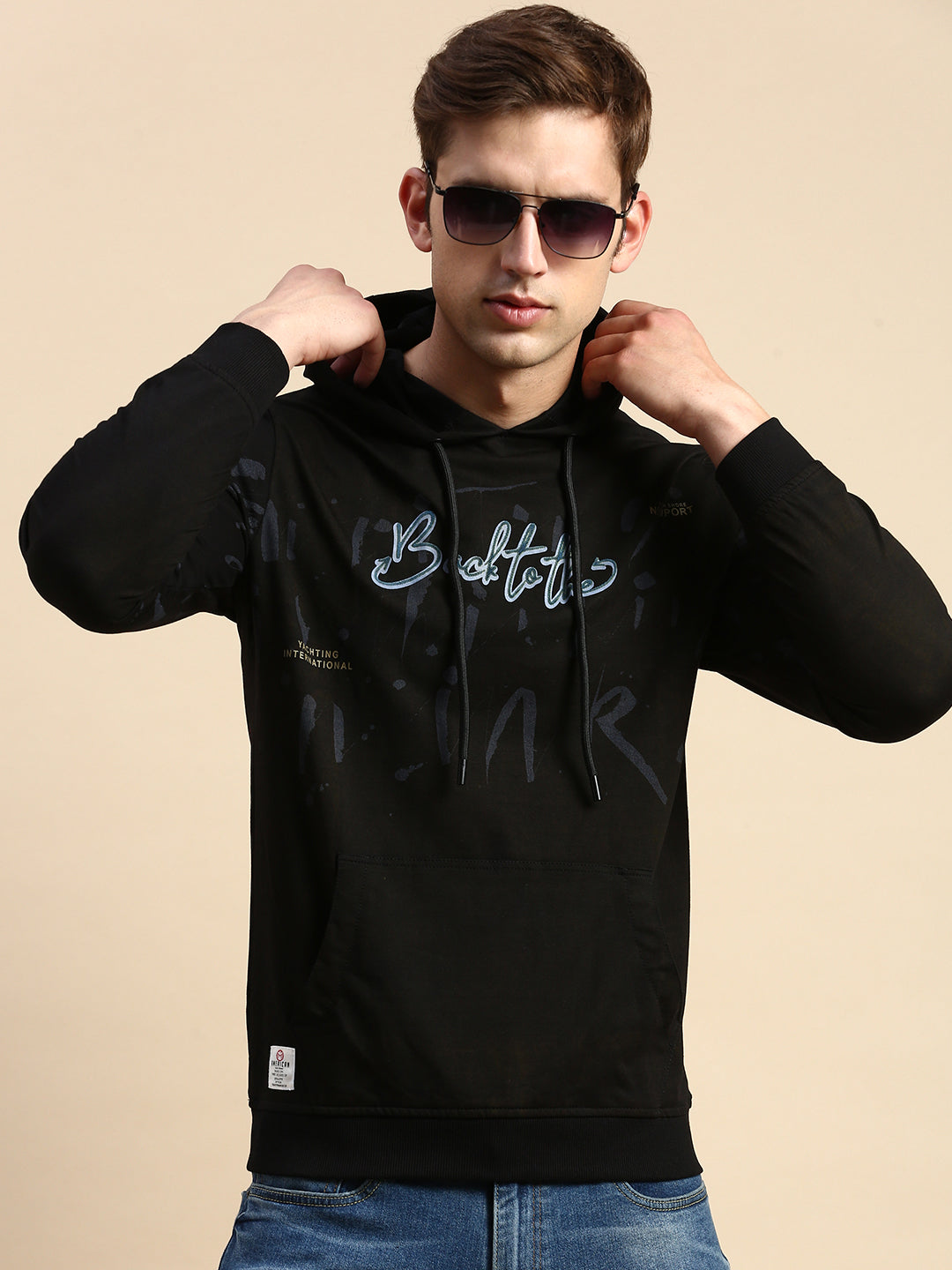 Men Black Printed Casual Hoodie