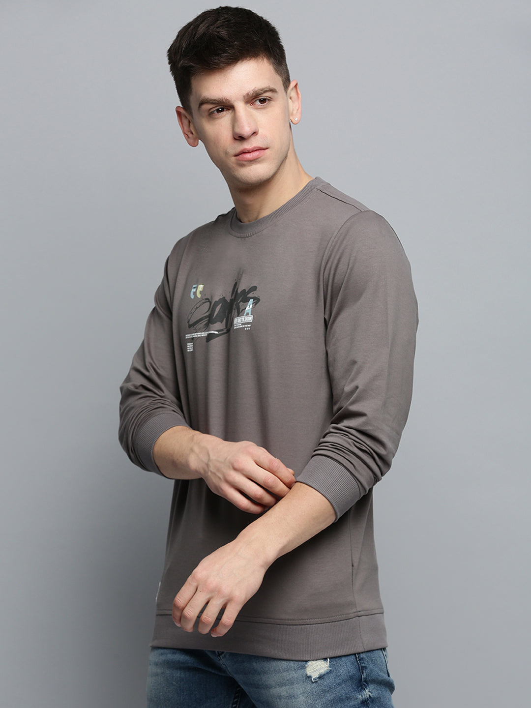 Men Grey Printed Casual Sweatshirt