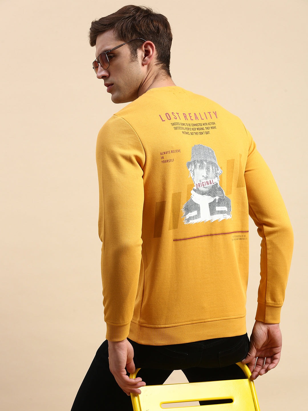 Men Yellow Printed Casual Sweatshirt