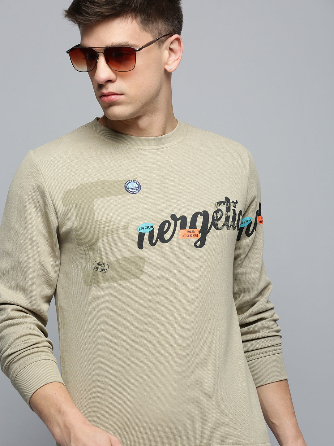 Men Beige Printed Casual Sweatshirt