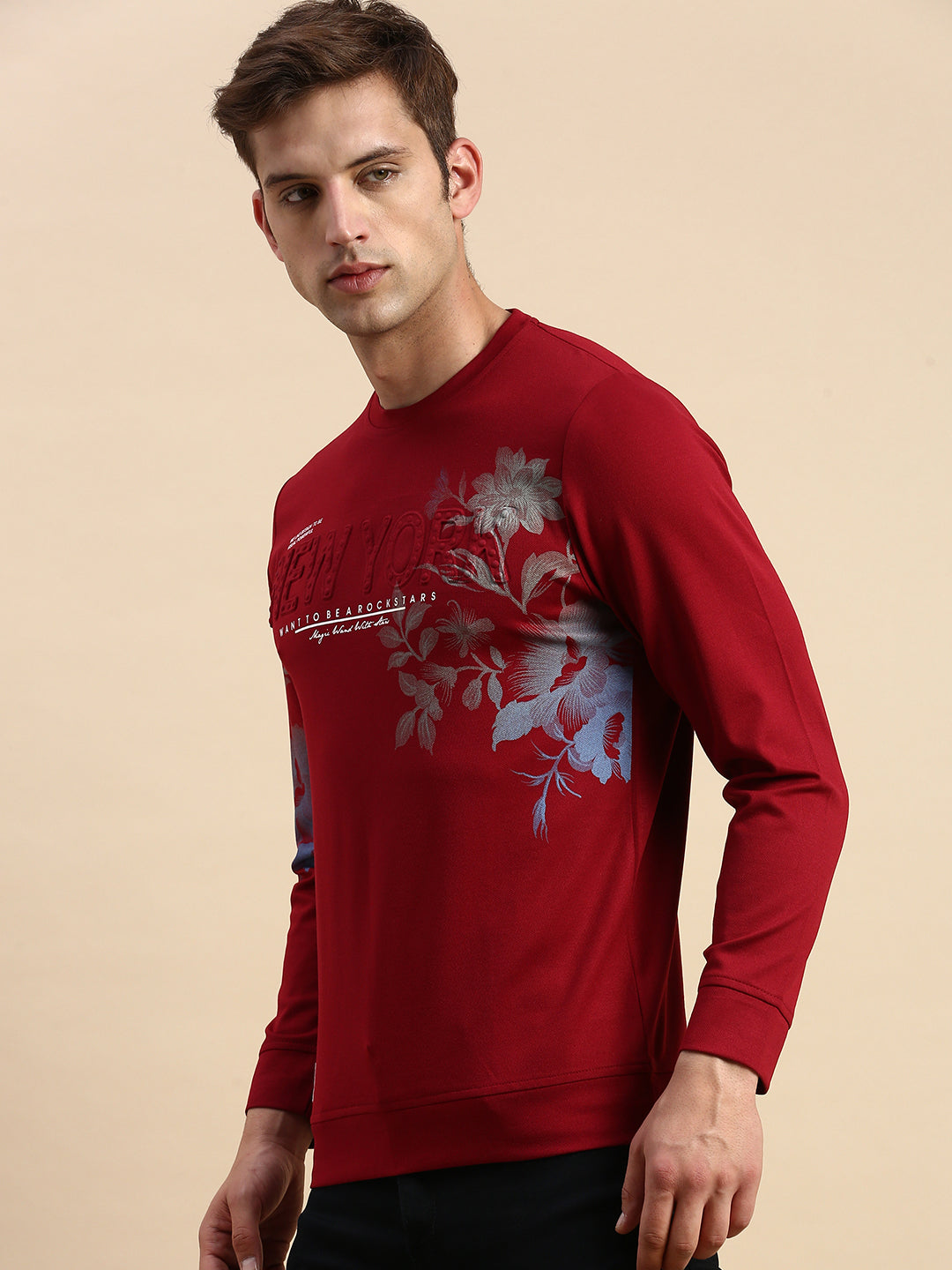 Men Maroon Printed Casual Sweatshirt