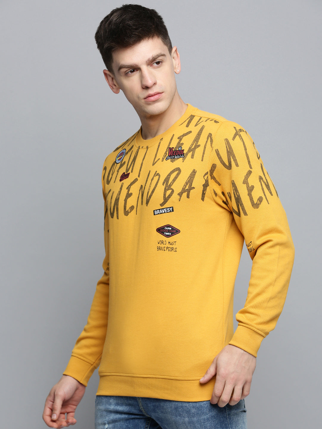 Men Yellow Printed Casual Sweatshirt