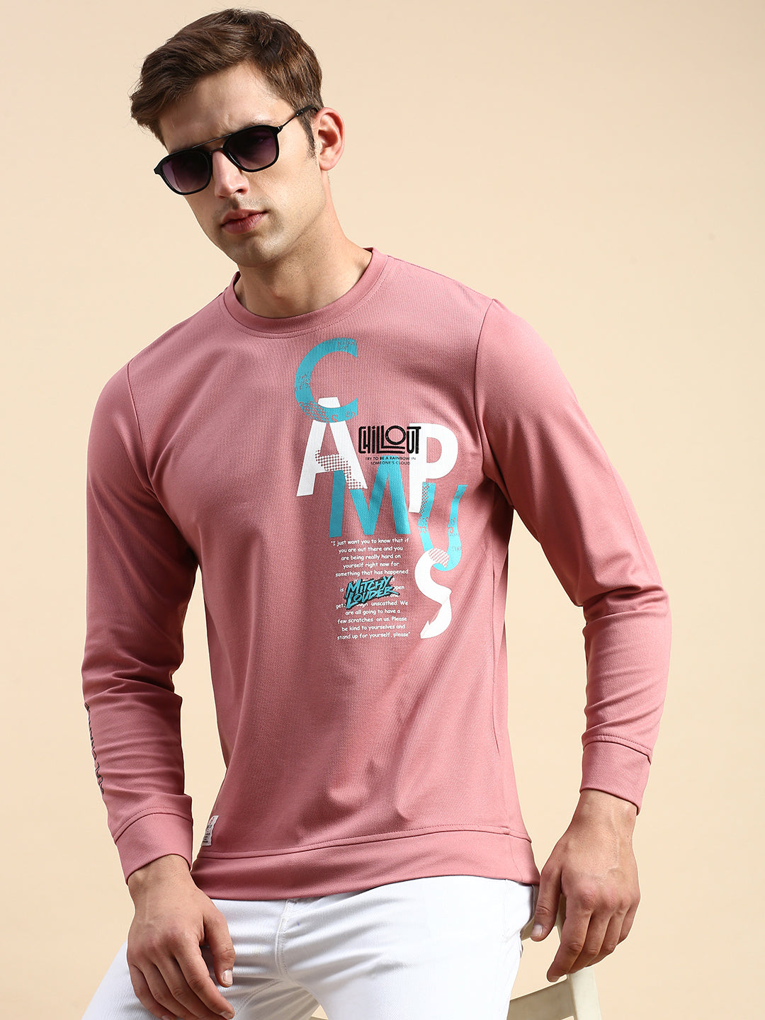 Men Pink Printed Casual Sweatshirt
