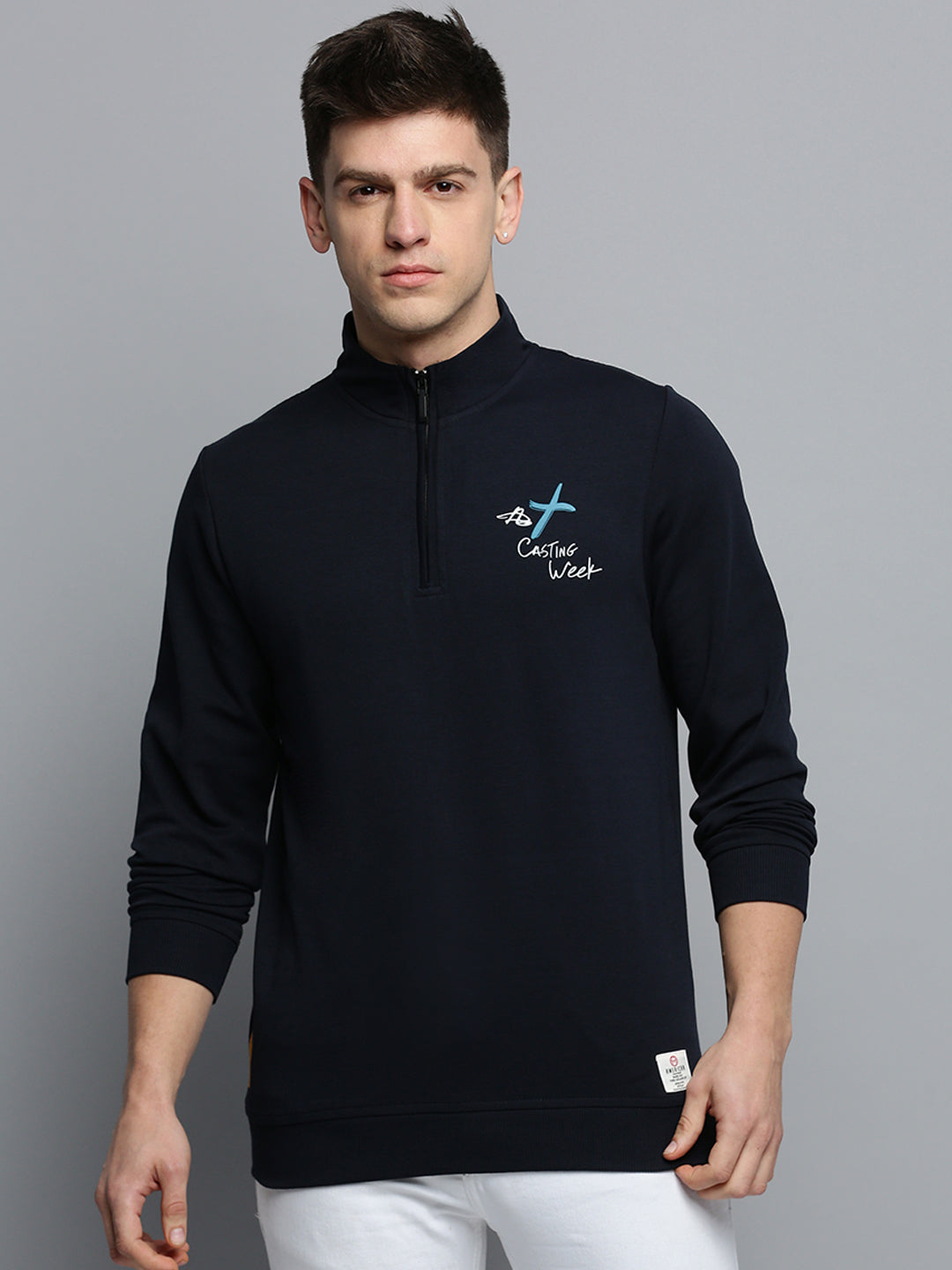 Men Navy Solid Casual Sweatshirt
