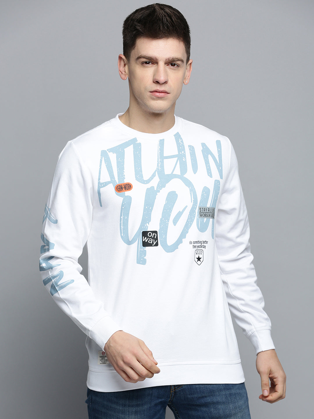 Men White Printed Casual Sweatshirt