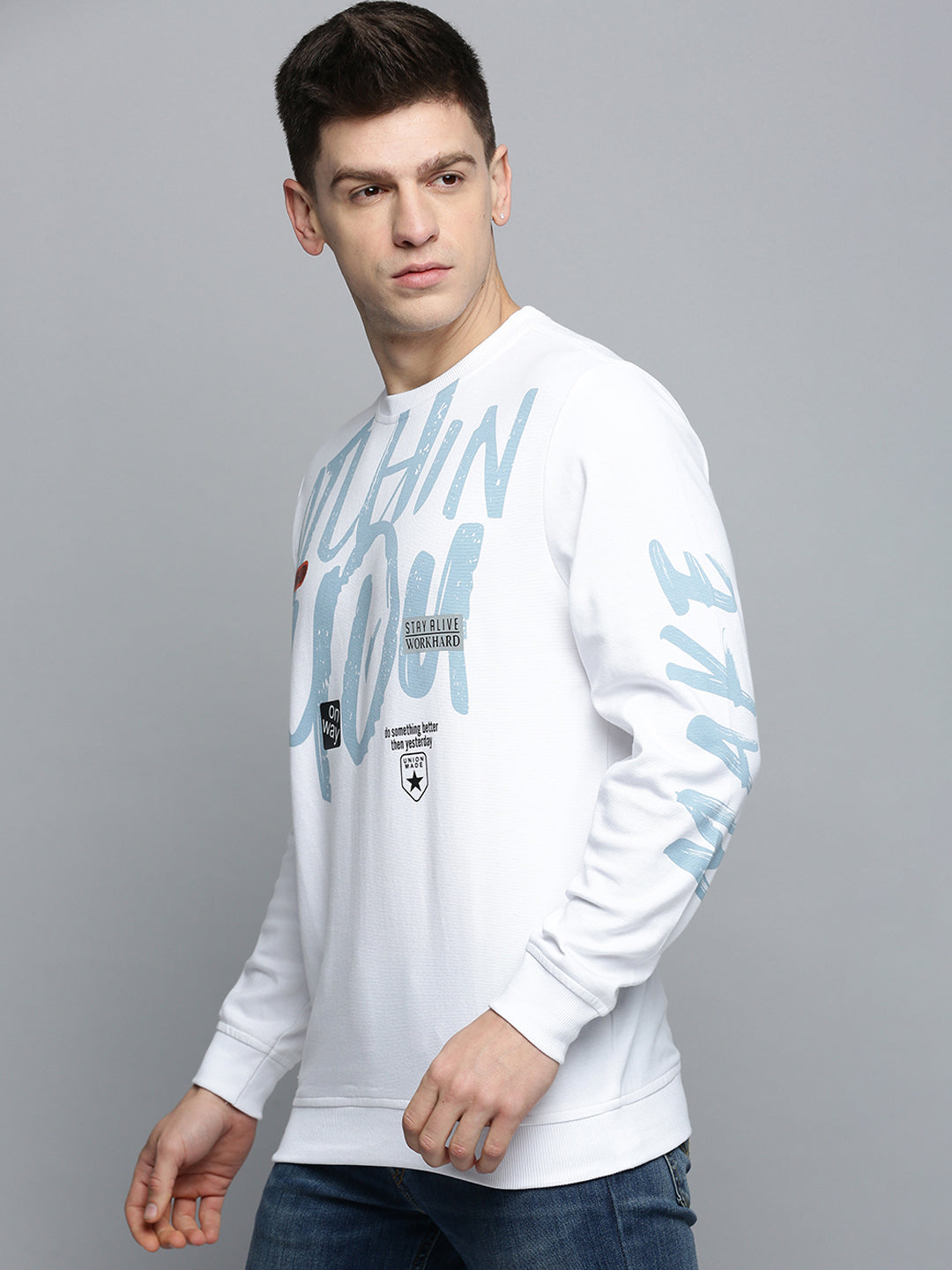 Men White Printed Casual Sweatshirt