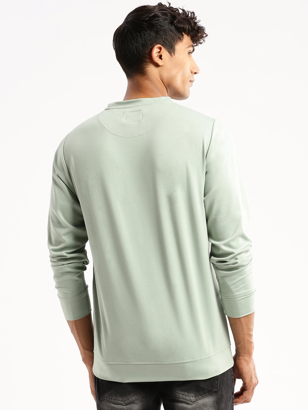 Men Sea Green Round Neck Typography Pullover