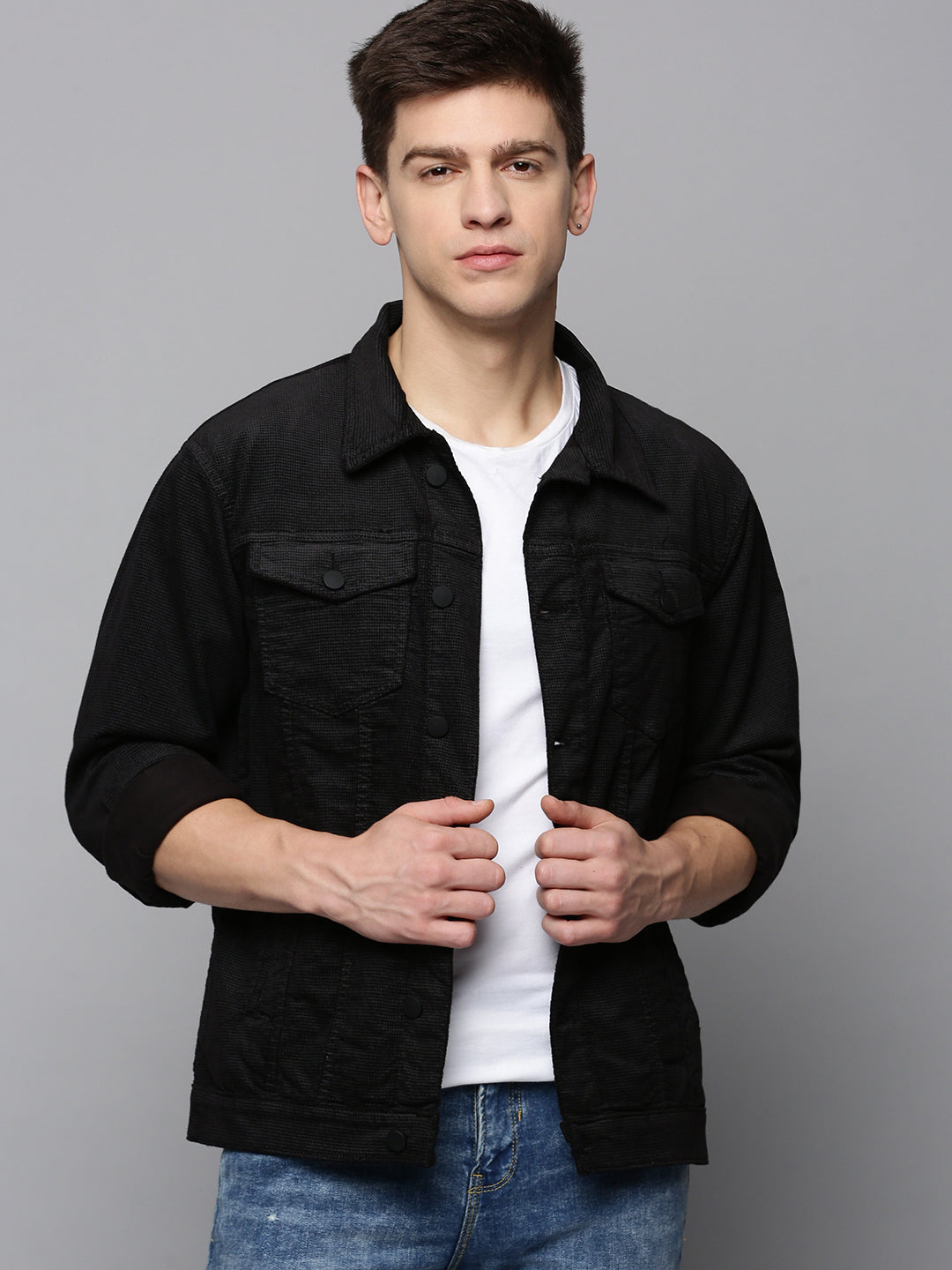 Men Black Solid Denim Jacket