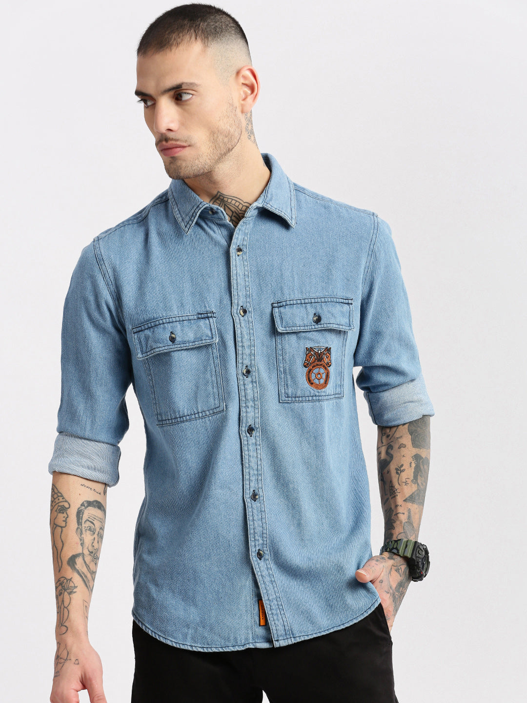 Men Spread Collar Denim Solid Blue Casual Shirt