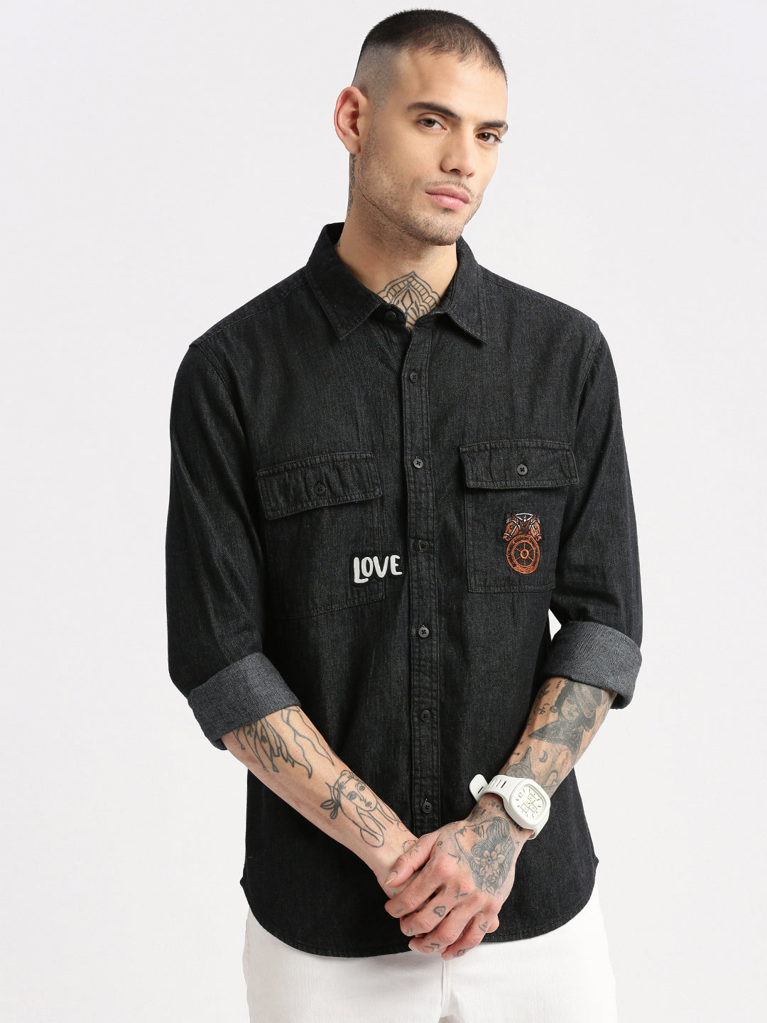 Men Spread Collar Denim Solid Black Casual Shirt