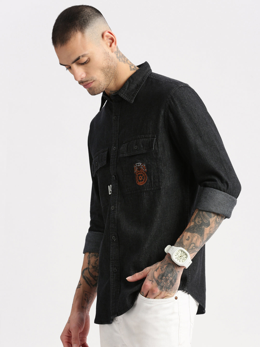 Men Spread Collar Denim Solid Black Casual Shirt