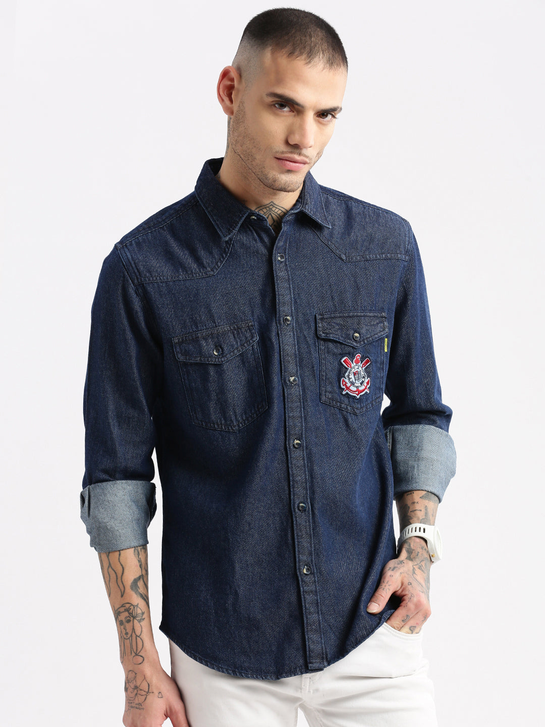 Men Spread Collar Denim Solid Navy Blue Casual Shirt