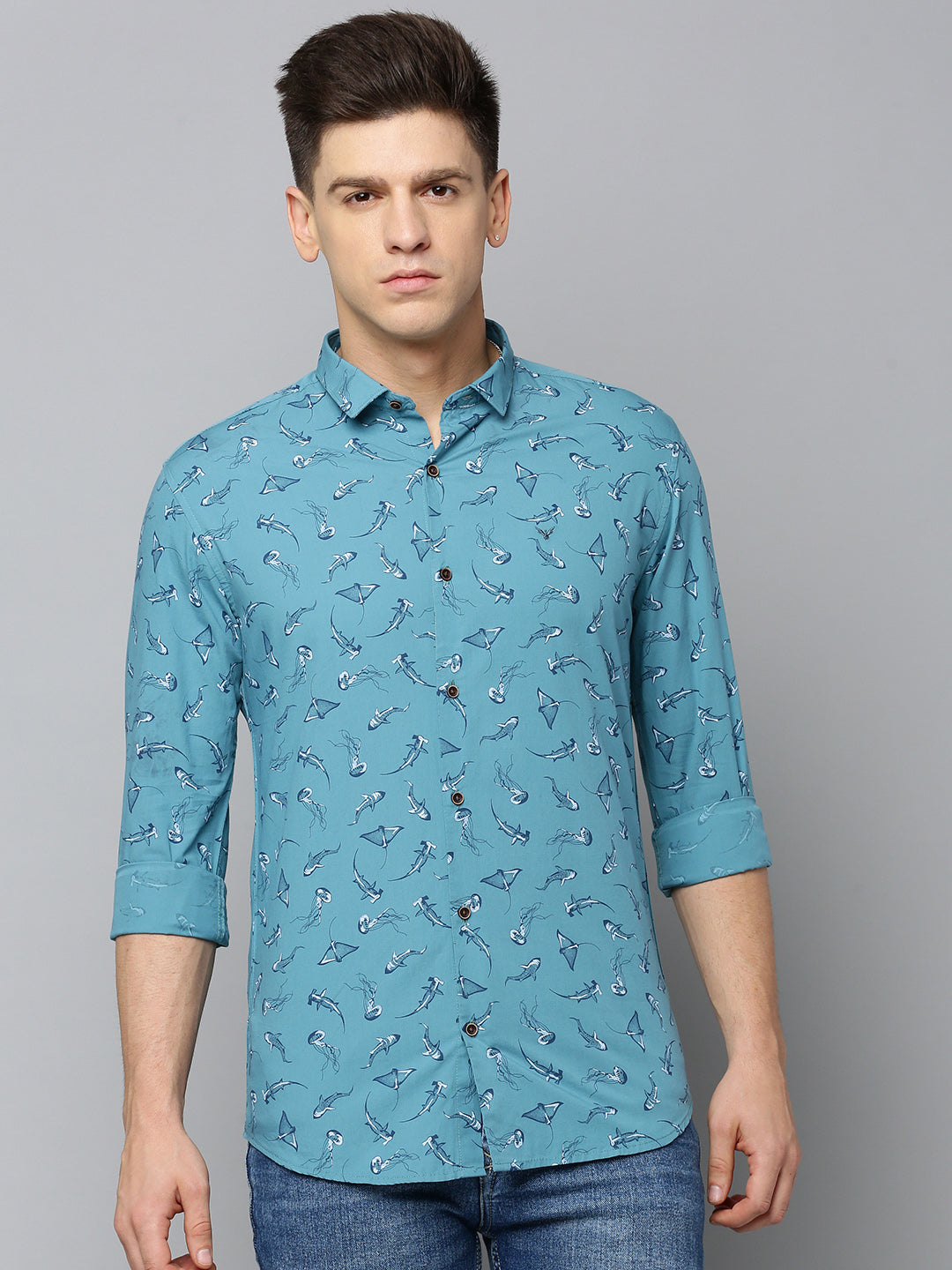 Men Blue Printed Casual Shirt