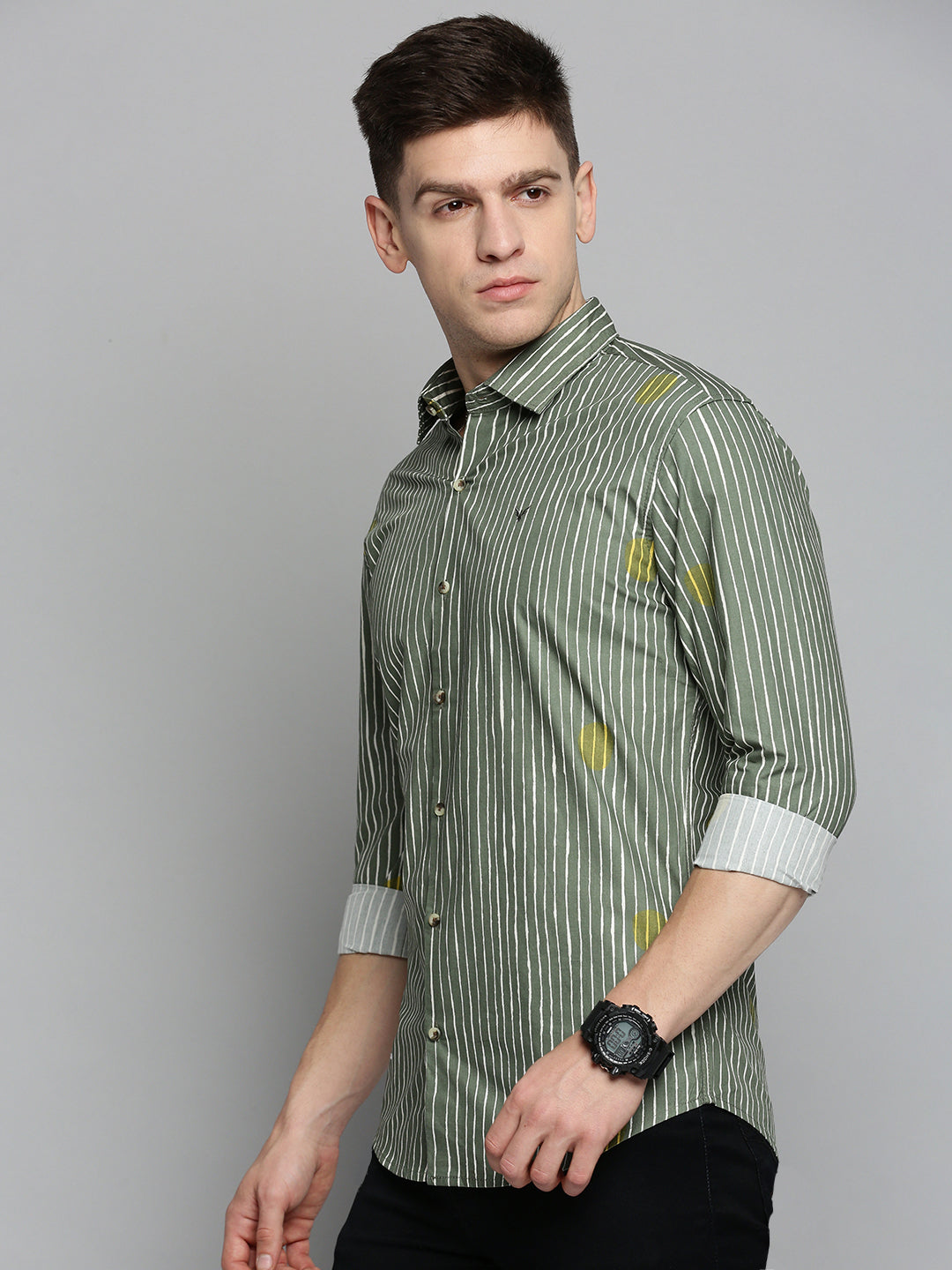Men Green Striped Casual Shirt