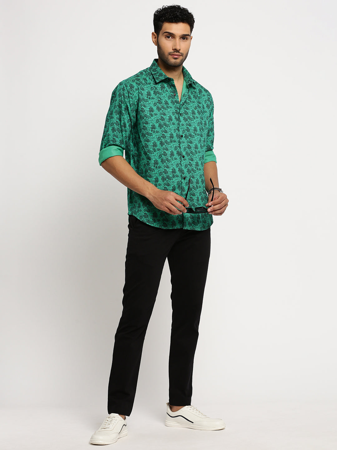Men Green Spread Collar Floral Shirt