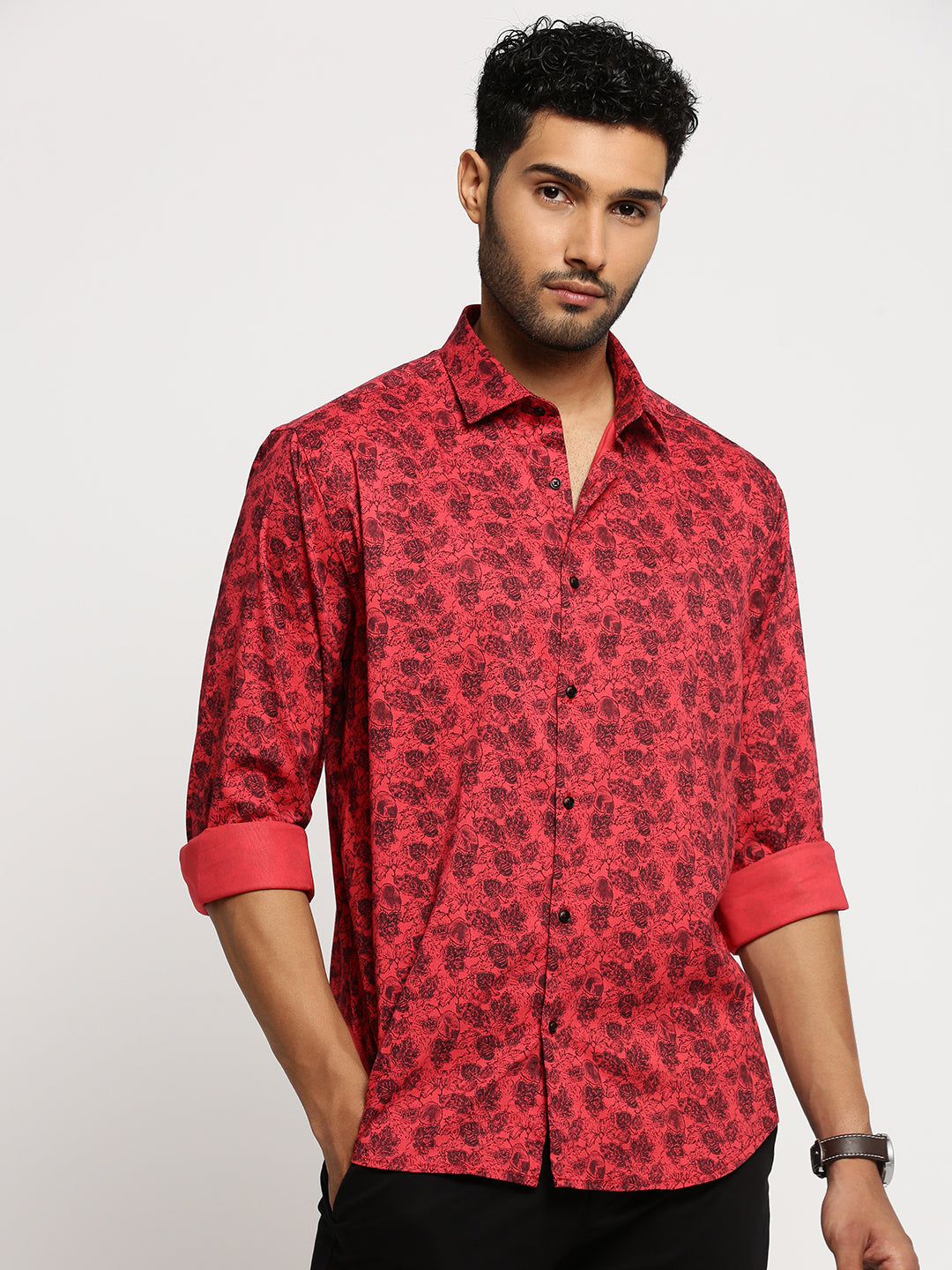 Men Red Spread Collar Floral Shirt