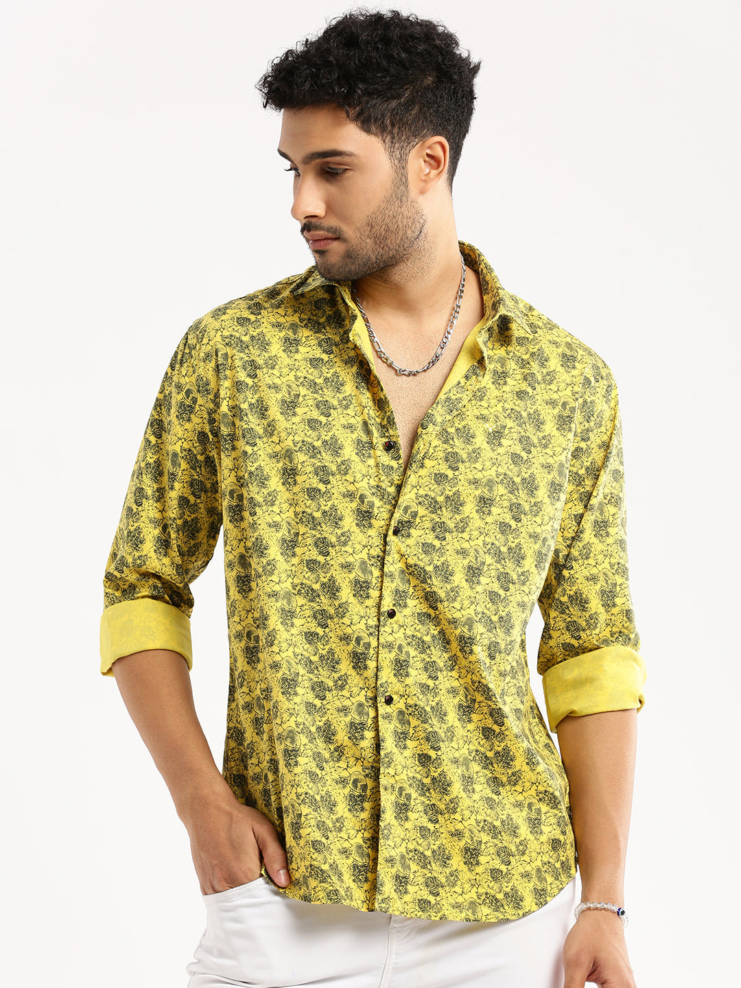 Men Yellow Spread Collar Floral Shirt