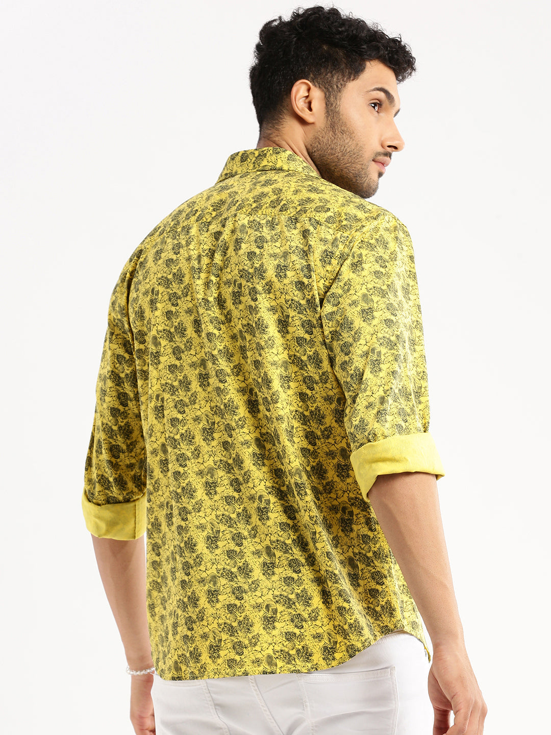 Men Yellow Spread Collar Floral Shirt