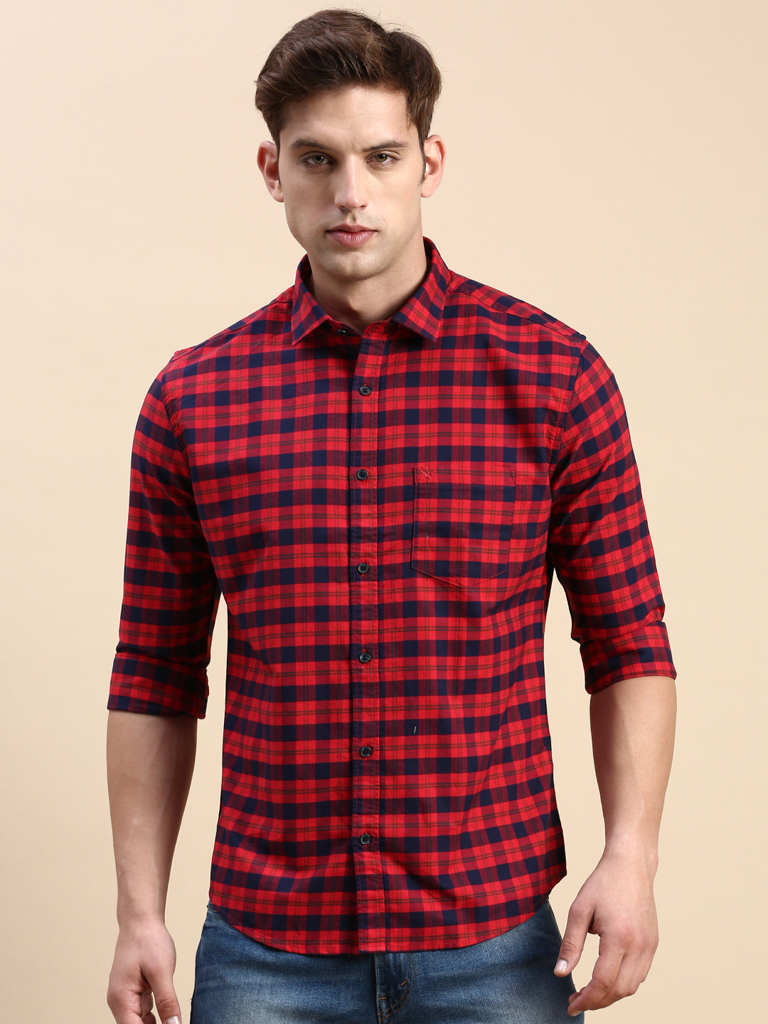 Men Red Checked Casual Shirt