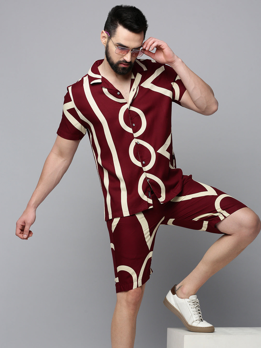 Men Maroon Printed Casual Co-Ord Set