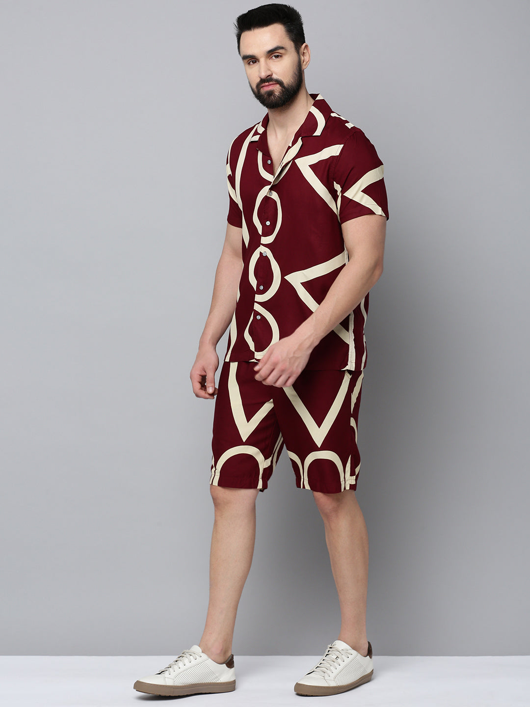 Men Maroon Printed Casual Co-Ord Set