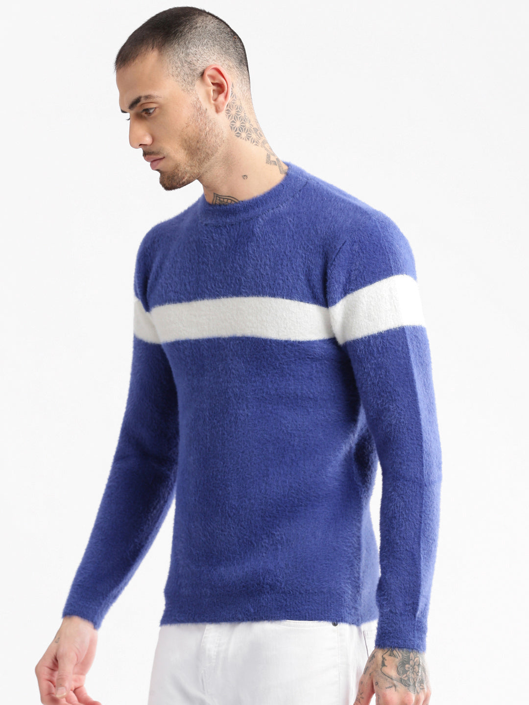 Men Round Neck Solid Blue Pullover