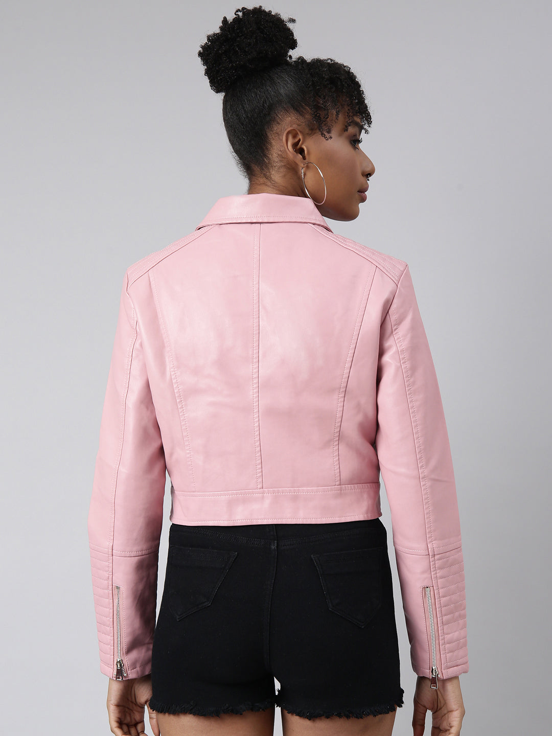 Women Solid Crop Pink Biker Jacket