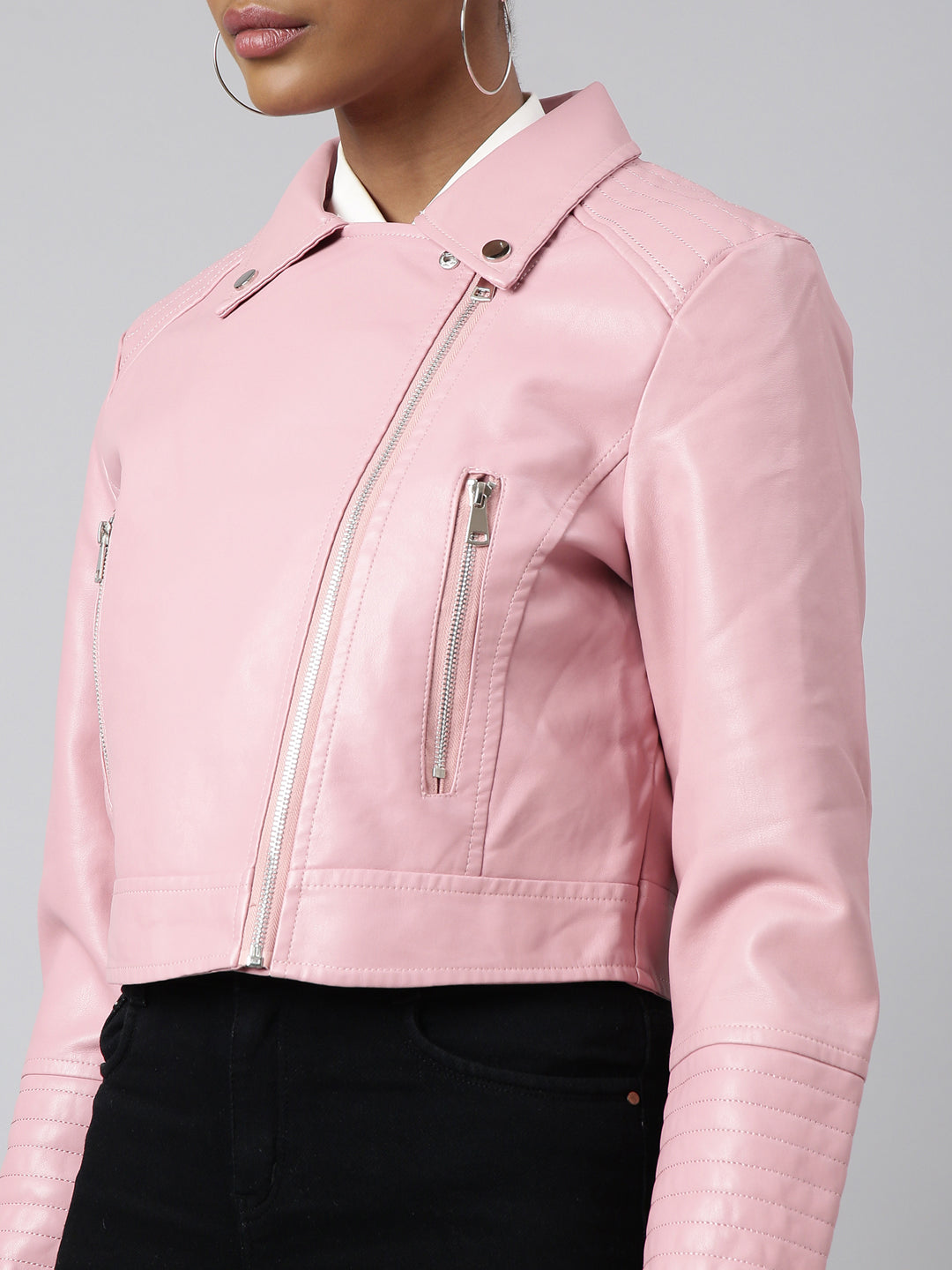 Women Solid Crop Pink Biker Jacket