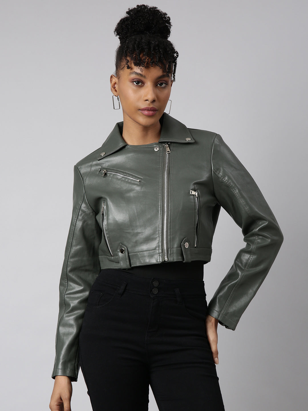 Women Solid Crop Olive Biker Jacket