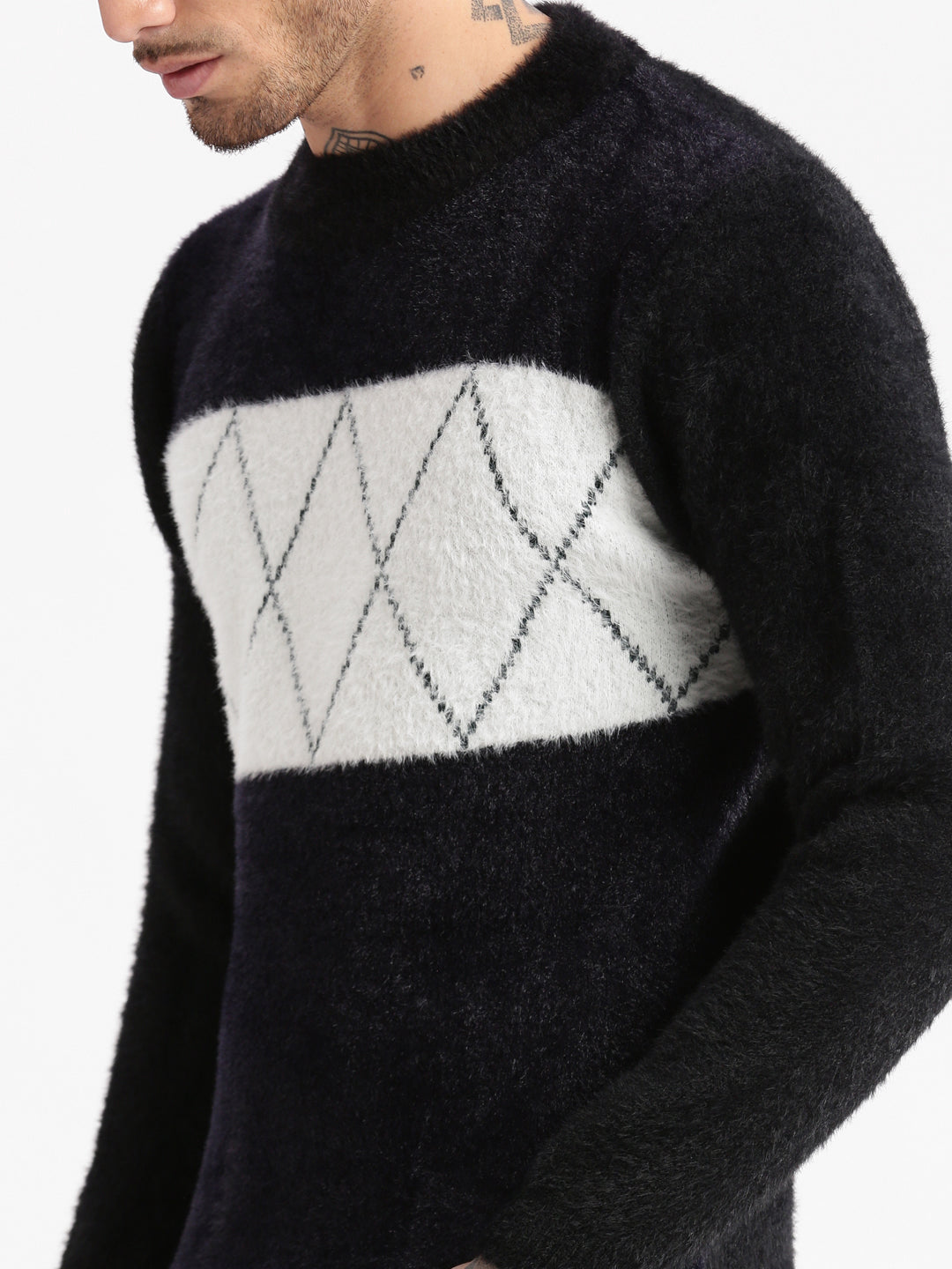 Men Round Neck Self Design Black Pullover
