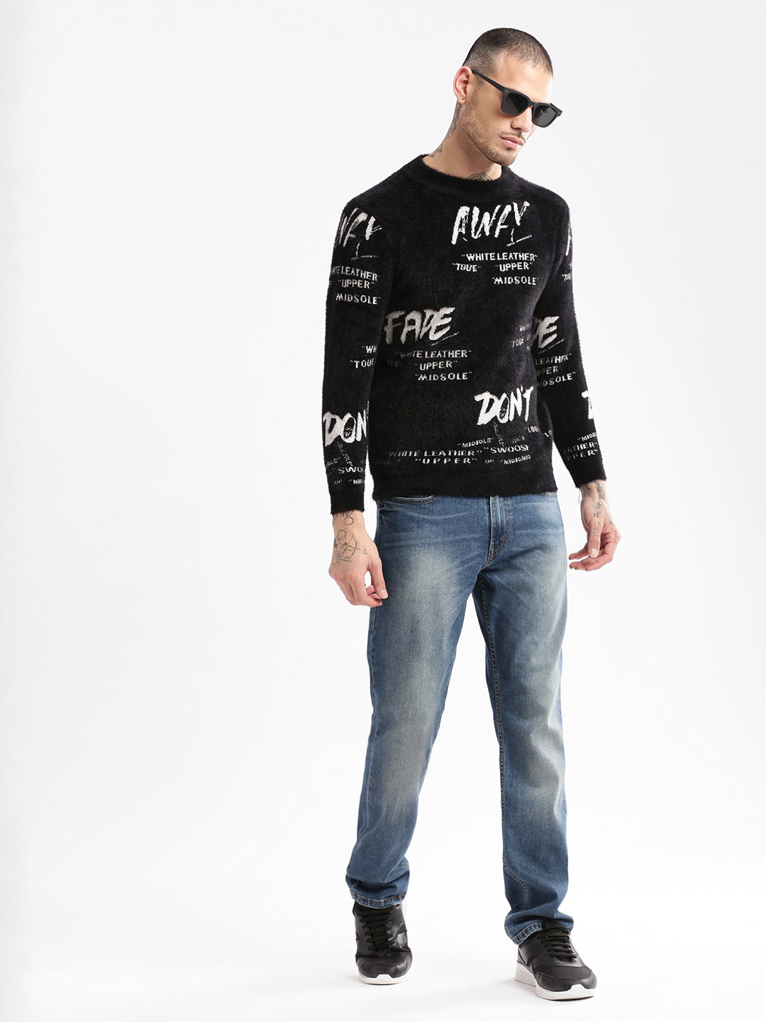 Men Round Neck Self Design Black Pullover