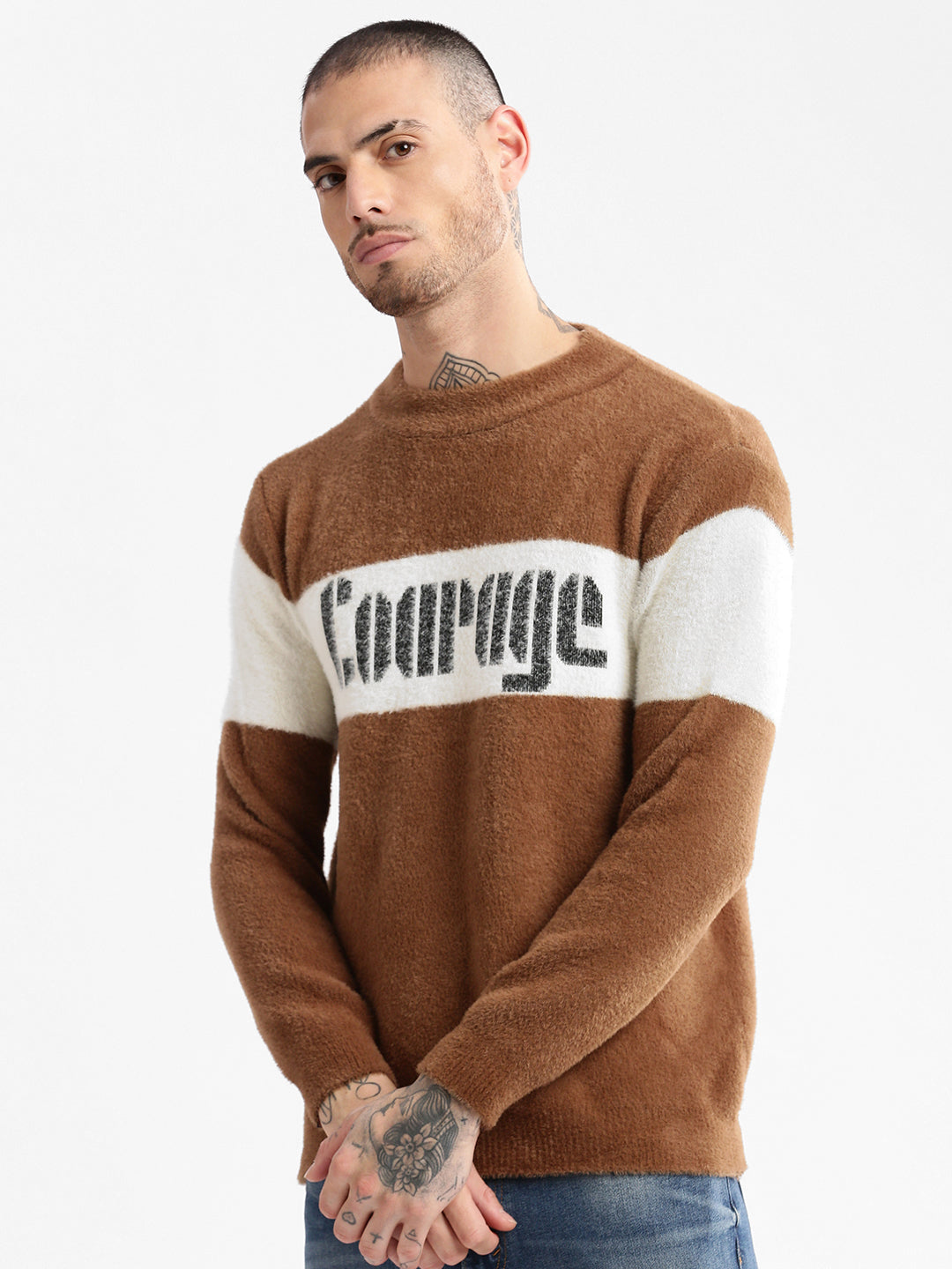 Men Round Neck Self Design Brown Pullover