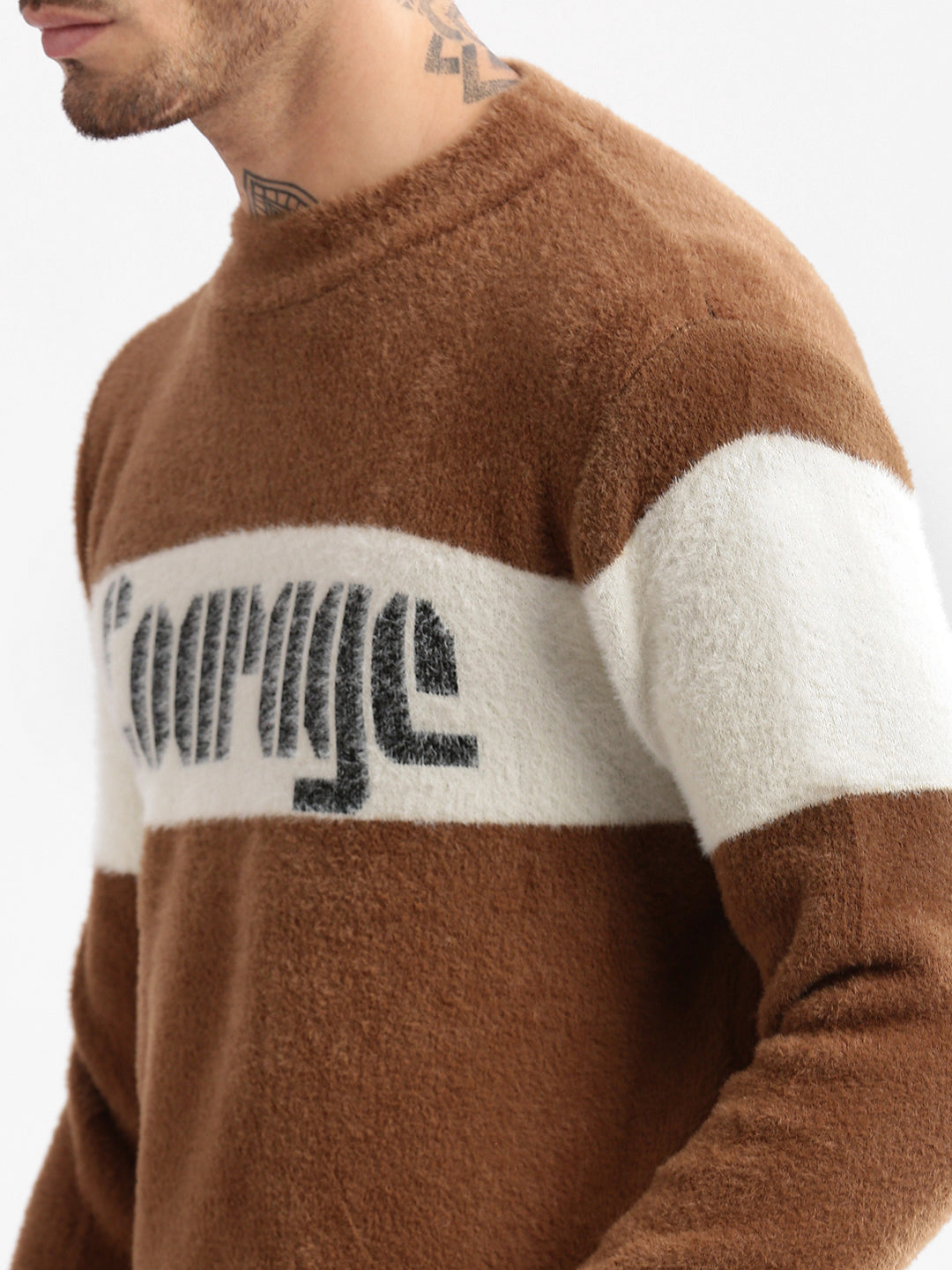 Men Round Neck Self Design Brown Pullover