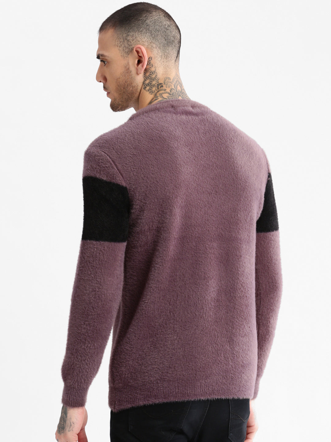 Men Round Neck Self Design Lavender Pullover