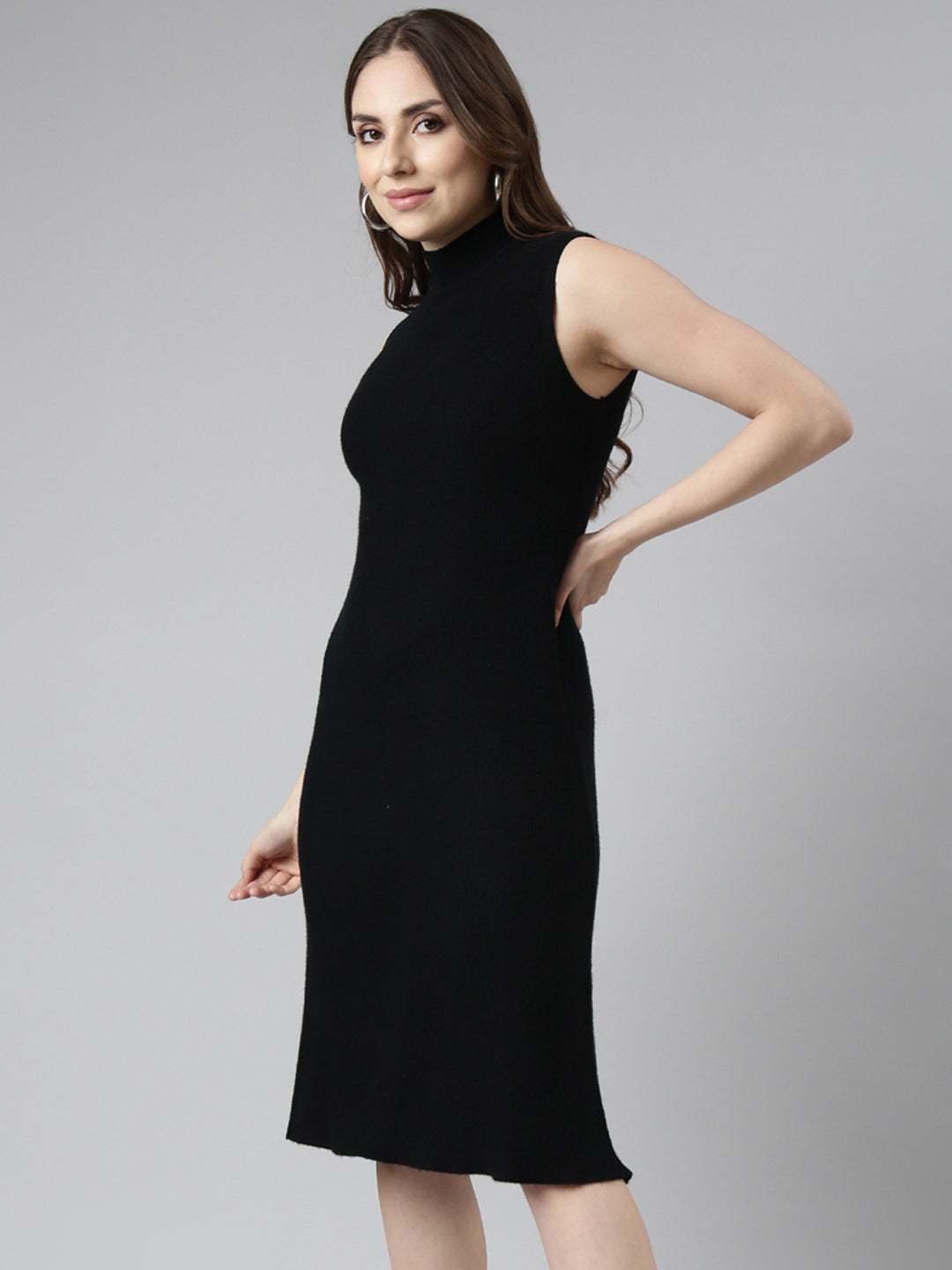 Women Black Solid Bodycon Dress