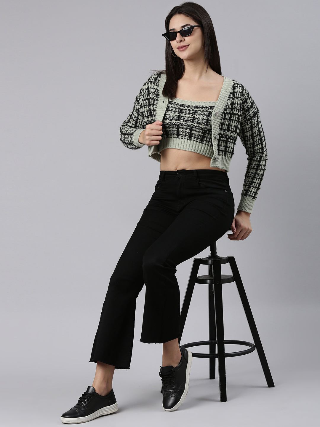 Women Sea Green Checked Front-Open Crop Sweater
