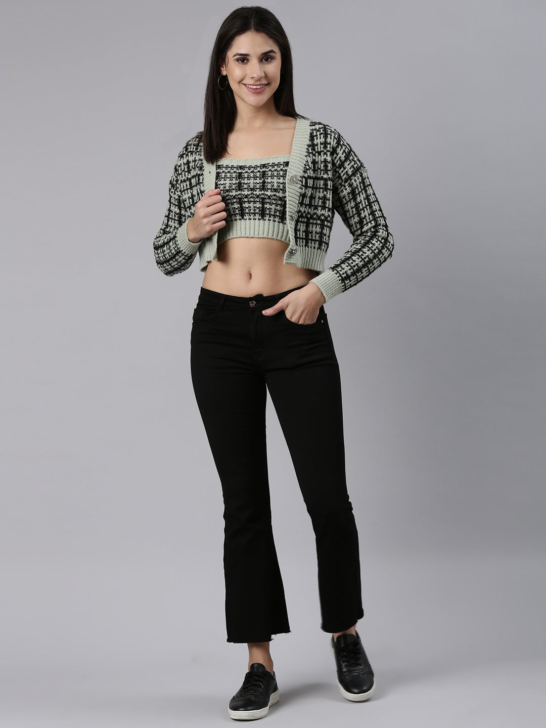 Women Sea Green Checked Front-Open Crop Sweater