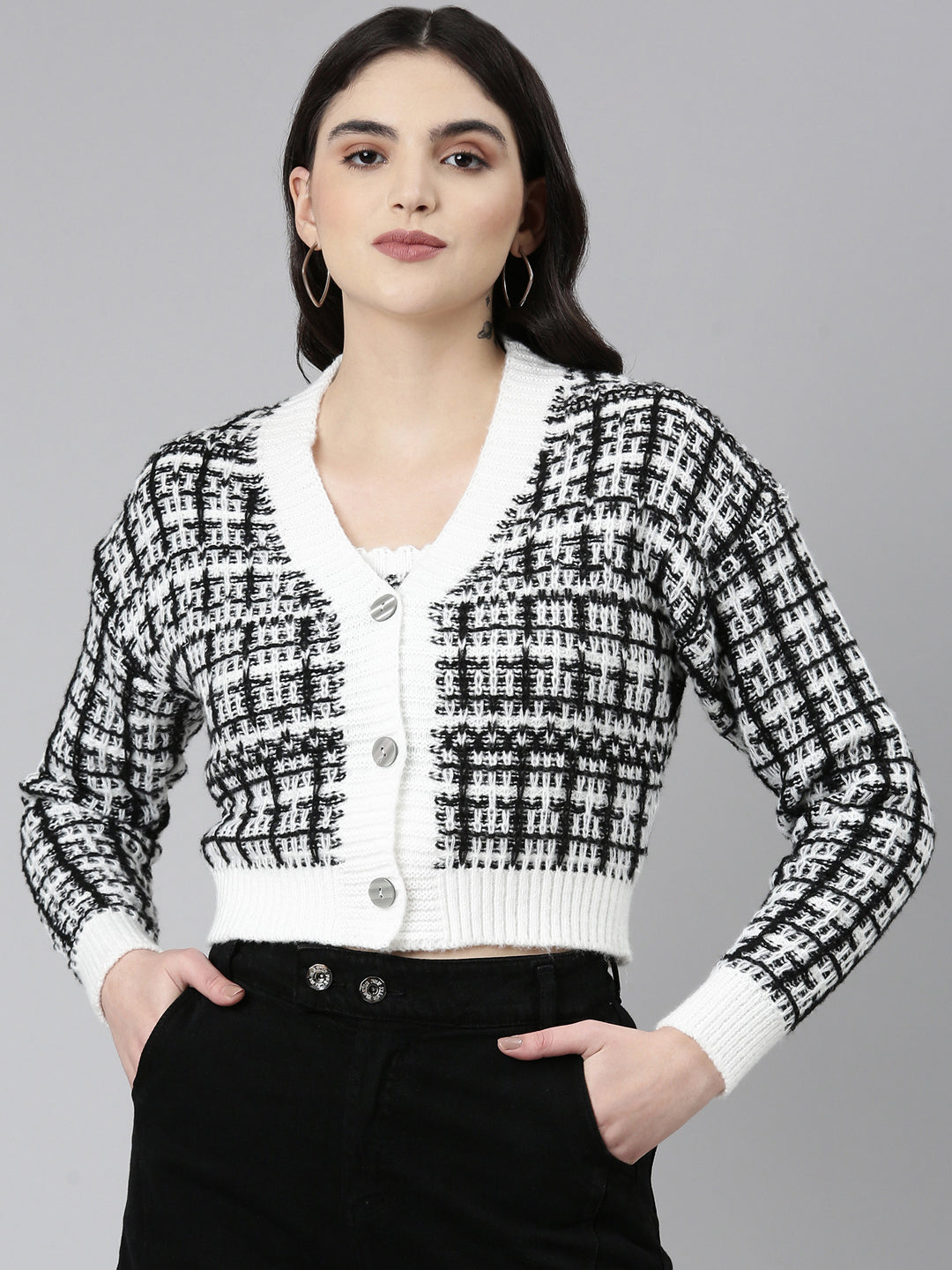 Women White Checked Front-Open Crop Sweater