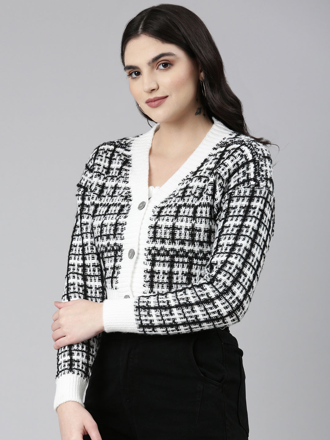 Women White Checked Front-Open Crop Sweater