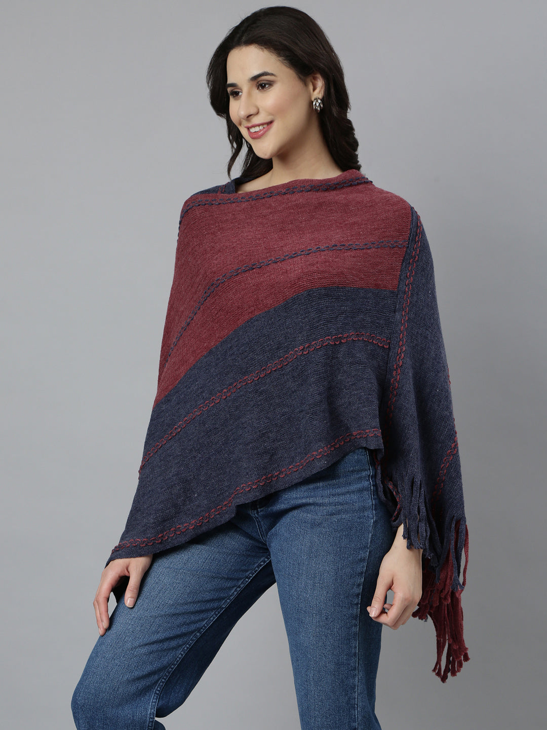 Women Colourblocked Longline Maroon Poncho