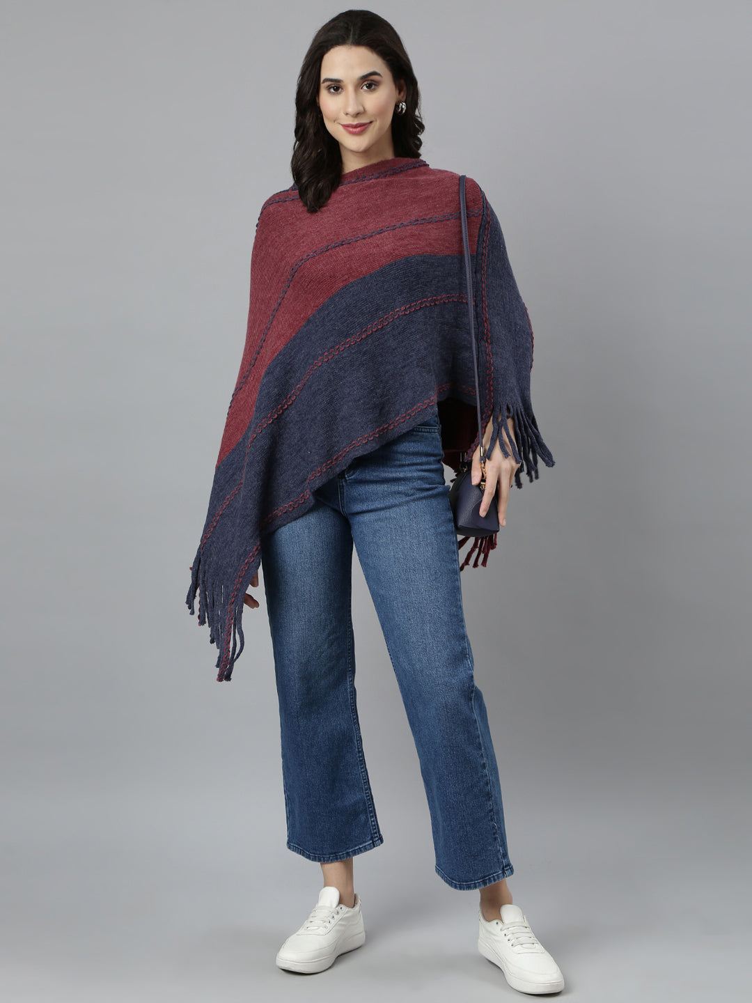 Women Colourblocked Longline Maroon Poncho