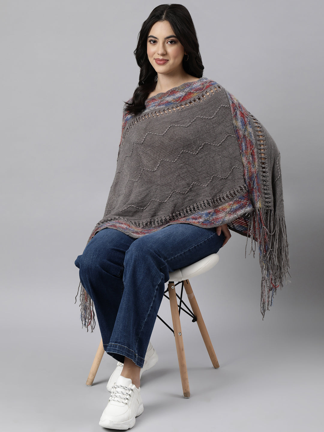 Women Chevron Longline Grey Poncho