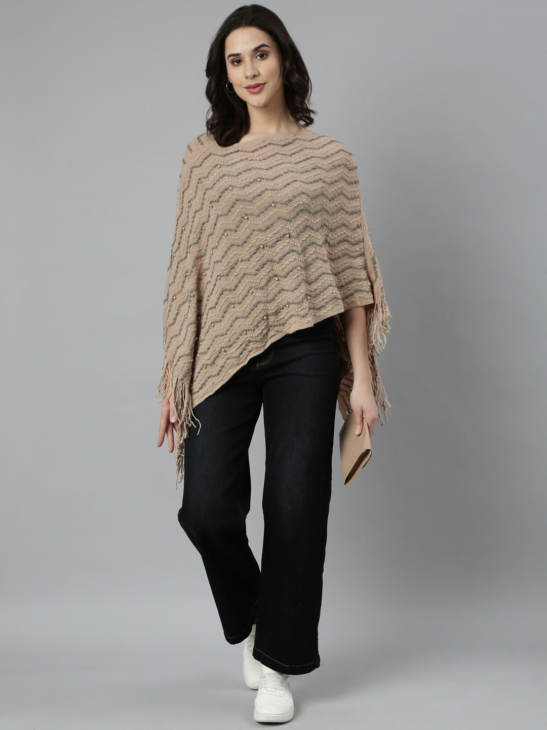 Women Chevron Longline Beige Poncho