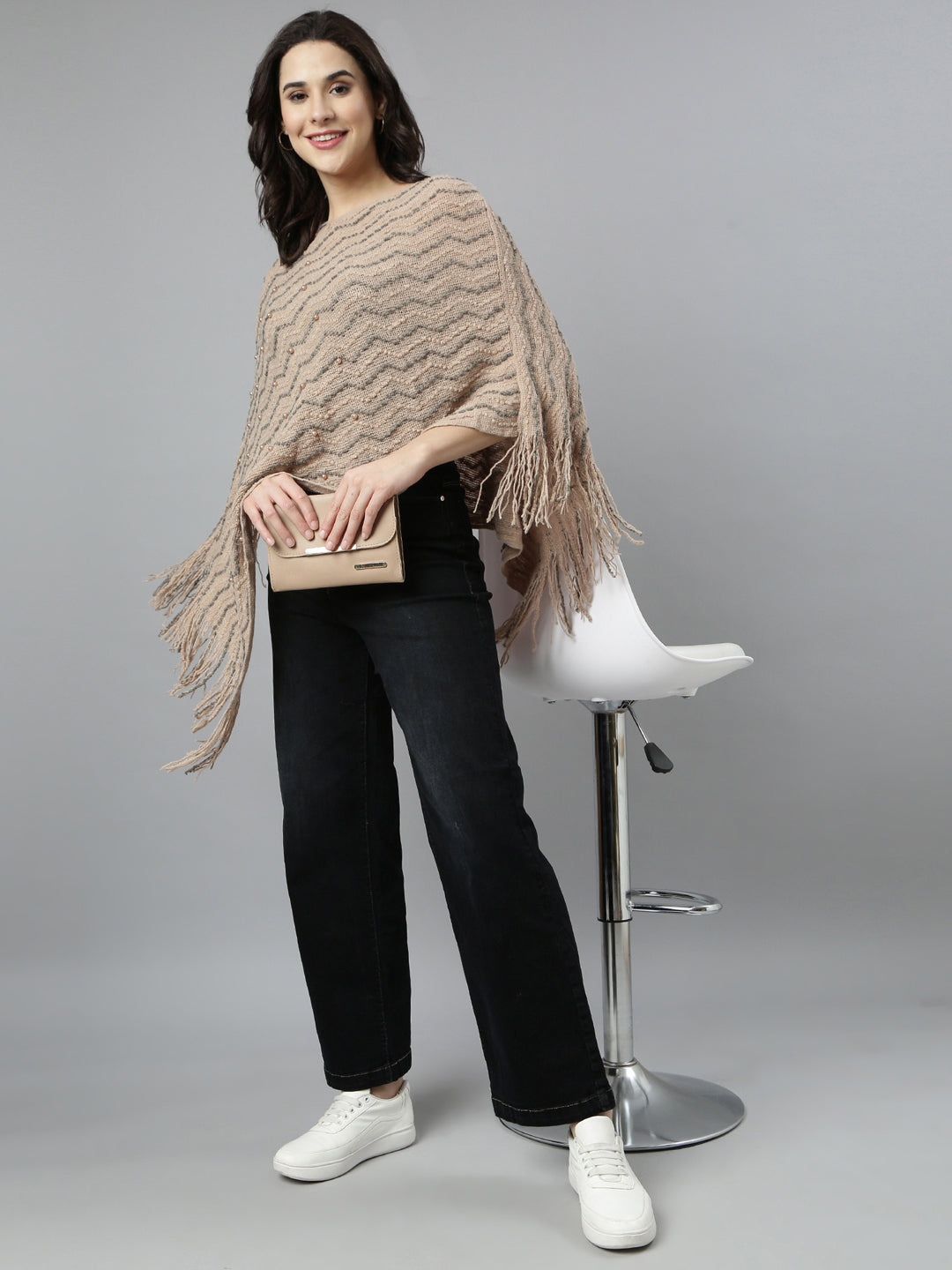 Women Chevron Longline Beige Poncho