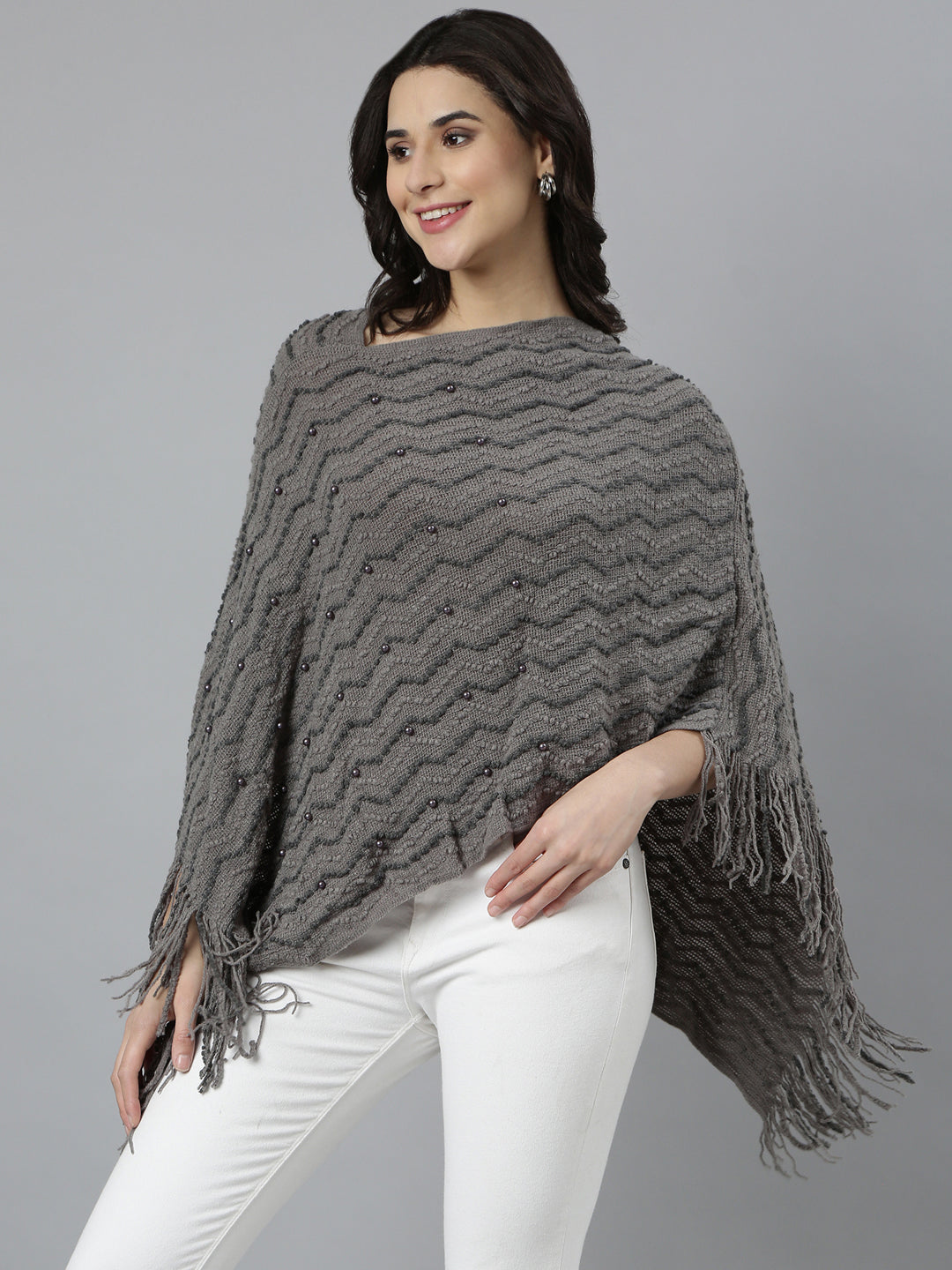 Women Chevron Longline Grey Poncho